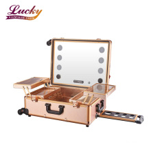 Rolling Makeup Case with LED Light Mirror Adjustable Legs Lockable Train Table Studio Artist Cosmetic Rose Gold